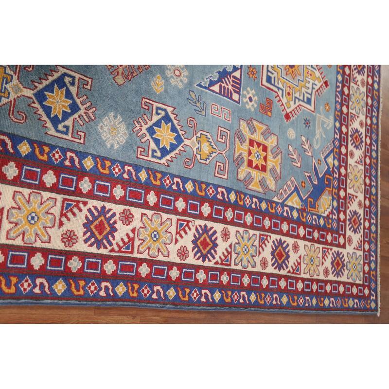 Hand Knotted Oriental 100% Wool Carpet Traditional Geometric Navy Blue & Blues Kazak Area Rug - 9' 8'' X 6' 7''