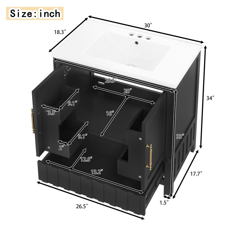 30" Bathroom Vanity with Sink, Drawers, Doors & Storage Shelves