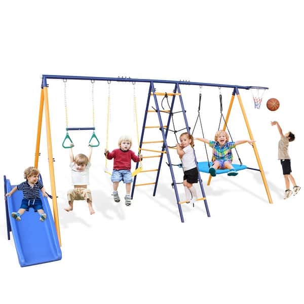 slide 2 of 14, Roomfitters 7-in-1 Metal Swing Set, 500 lbs Capacity, Slide, 2 Swings, Climbing Net, Gym Ring & Basket, Multicolor Multicolor