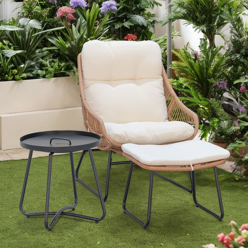 Chaise Lounge Chair with Ottoman and Coffee Table, Wicker Egg Chair Oversized Rattan Patio Cozy Chairs with Footstool