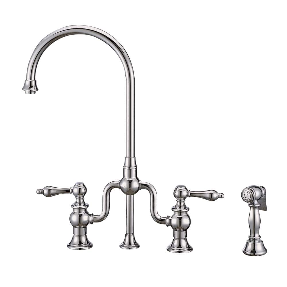 Bridge Faucet with Swivel Spout, Lever Handles and Solid Metal Side Spray