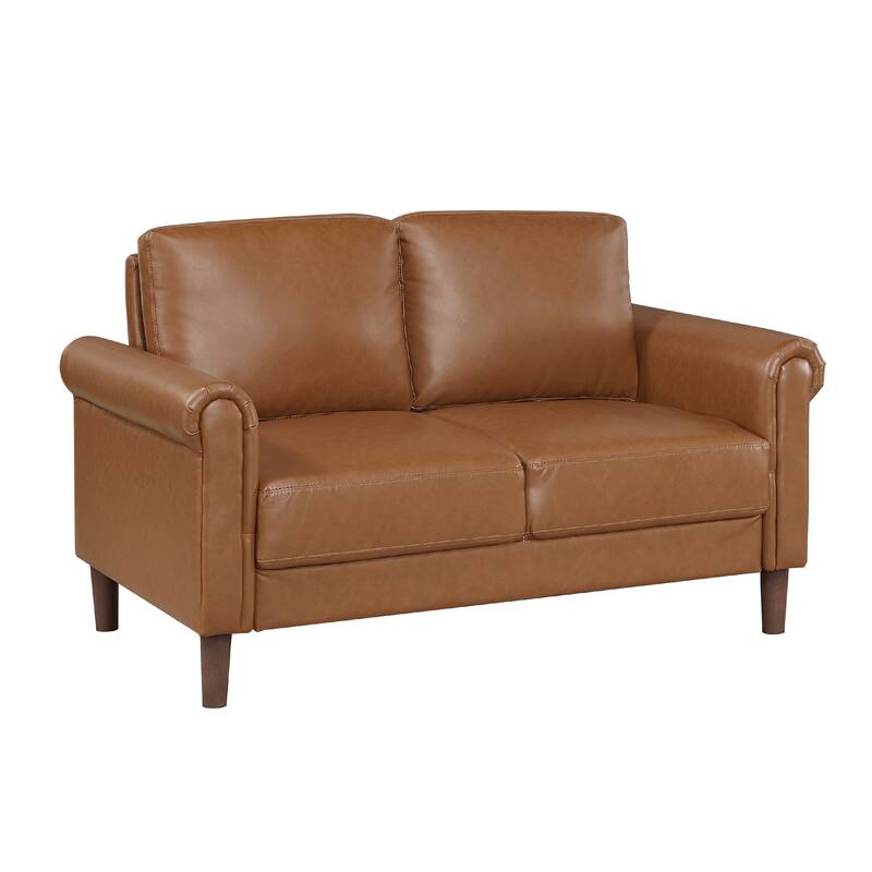 Lo Loveseat w Rolled Arms, Mid Century Brown Faux Leather 57 Inch