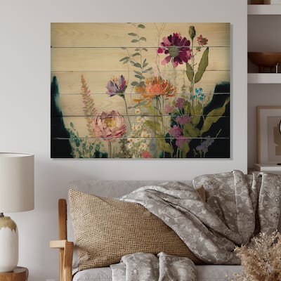 Designart 'Painted Blossoming Wildflowers I' Floral Bouquet Wood Wall Art - Natural Pine Wood