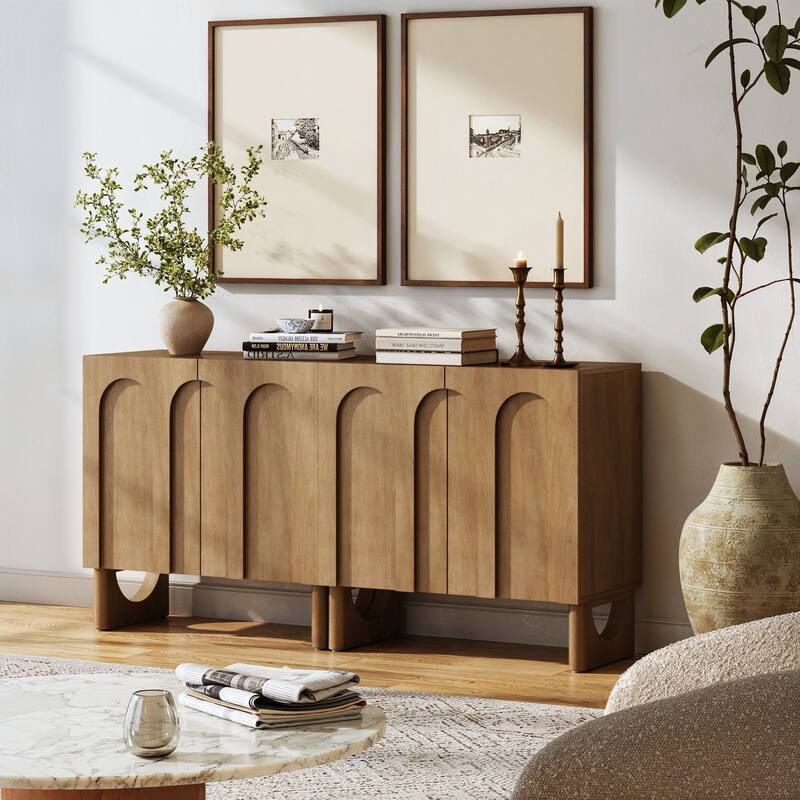 Jett Mid Century Modern Wood Credenza Storage Cabinet, Modular Arched Door Cabinet with Solid Wood Legs