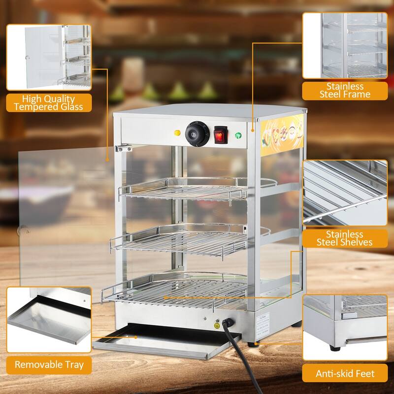 3-Tier Commercial Food Warmer Display with LED Lighting and Temp Knob