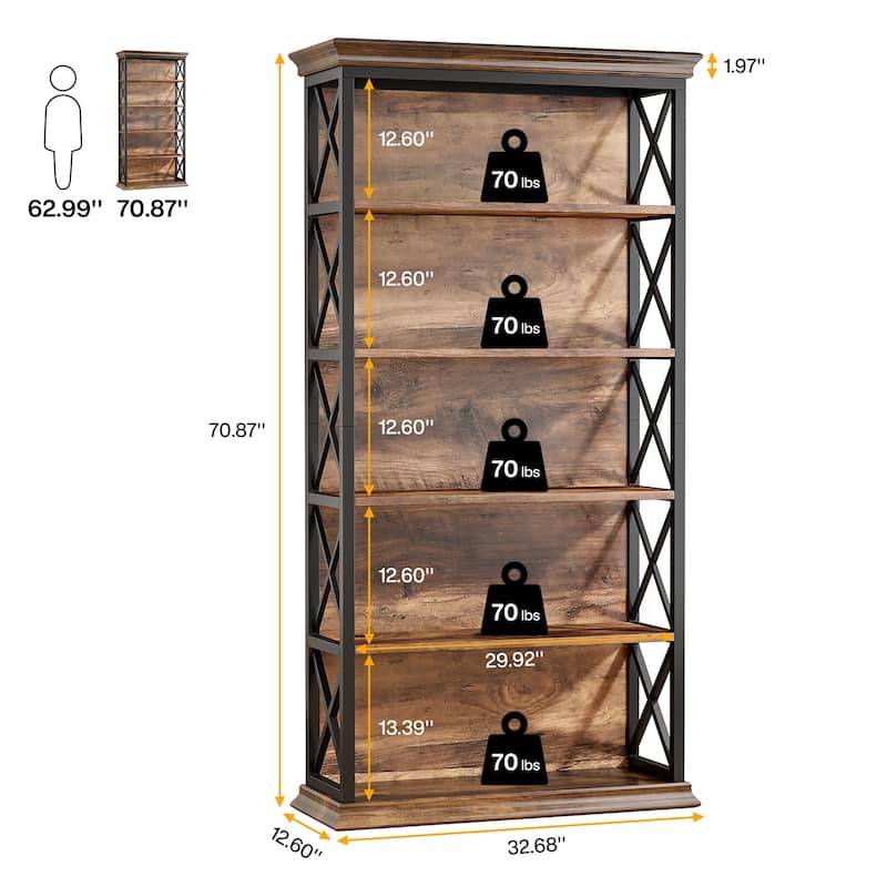 71-inch Tall 6-tier Industrial Bookcase - 11.8"D x 31.5"W x 70.86"H
