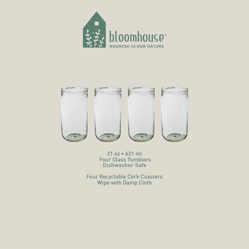 Bloomhouse Sayulita Spring 8 Piece Hand Made 21 OZ Jadeite Colored Glass Tumbler Set W/ Coasters