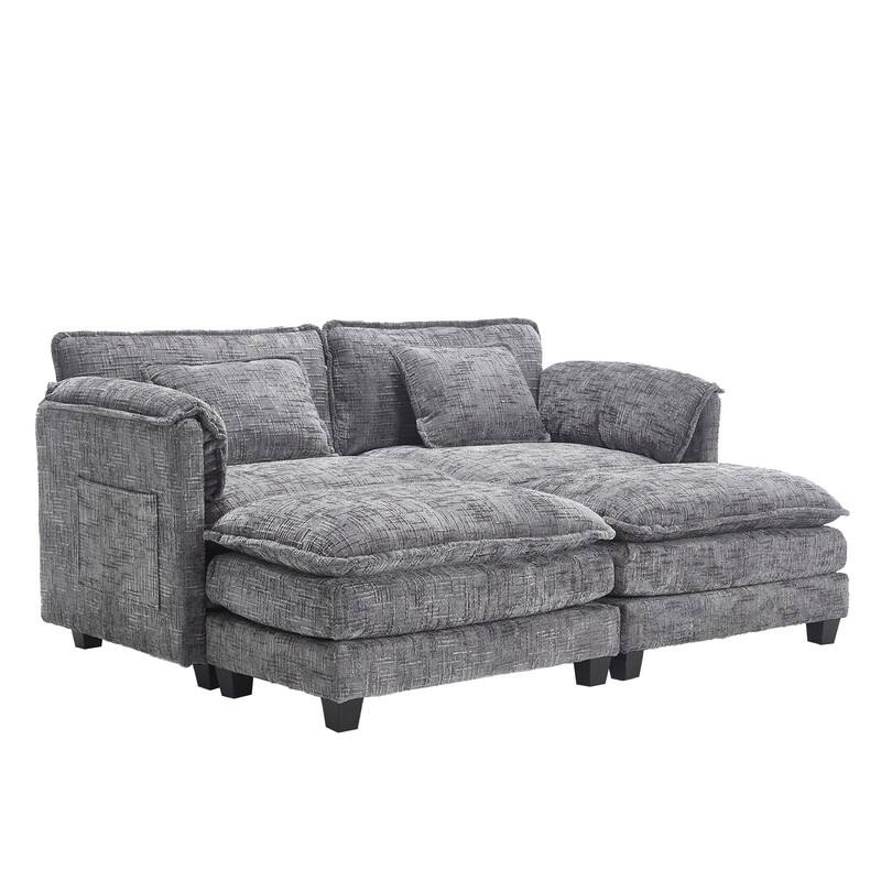 76.77" Chenille Upholstered Sofa with 2 Ottomans