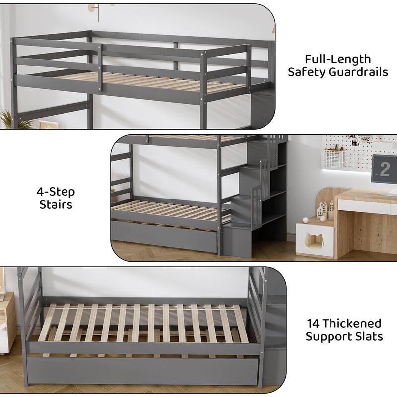 Ouyessir Twin Over Twin Bunk Bed with Trundle and Staircase
