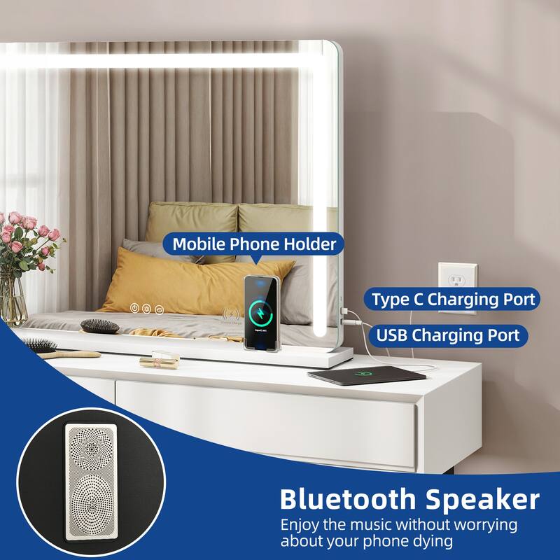 Moasis LED Lighted Makeup Mirror with Touch Screen 3 Colors Lighting Vanity Mirror w/ Wireless Charger and Speaker