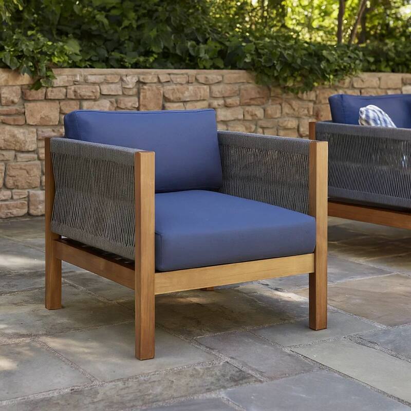 Club Lounge Chair, Woven Rattan Rope, Brown Acacia Wood, Gray Fabric