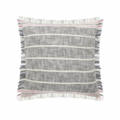 HomeRoots 20" X 20" Gray White And Pink 100% Cotton Striped Zippered Pillow