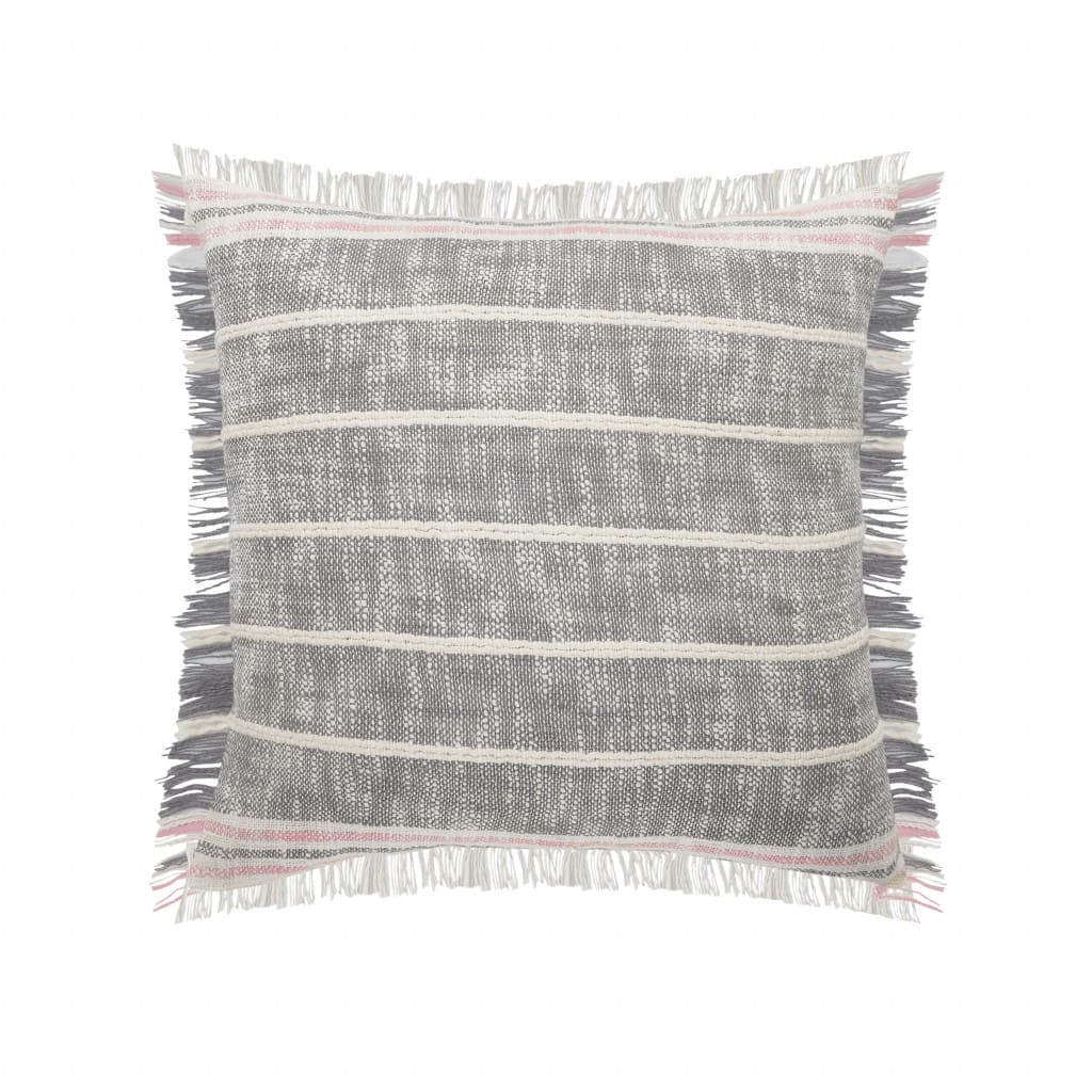 HomeRoots 20" X 20" Gray White And Pink 100% Cotton Striped Zippered Pillow