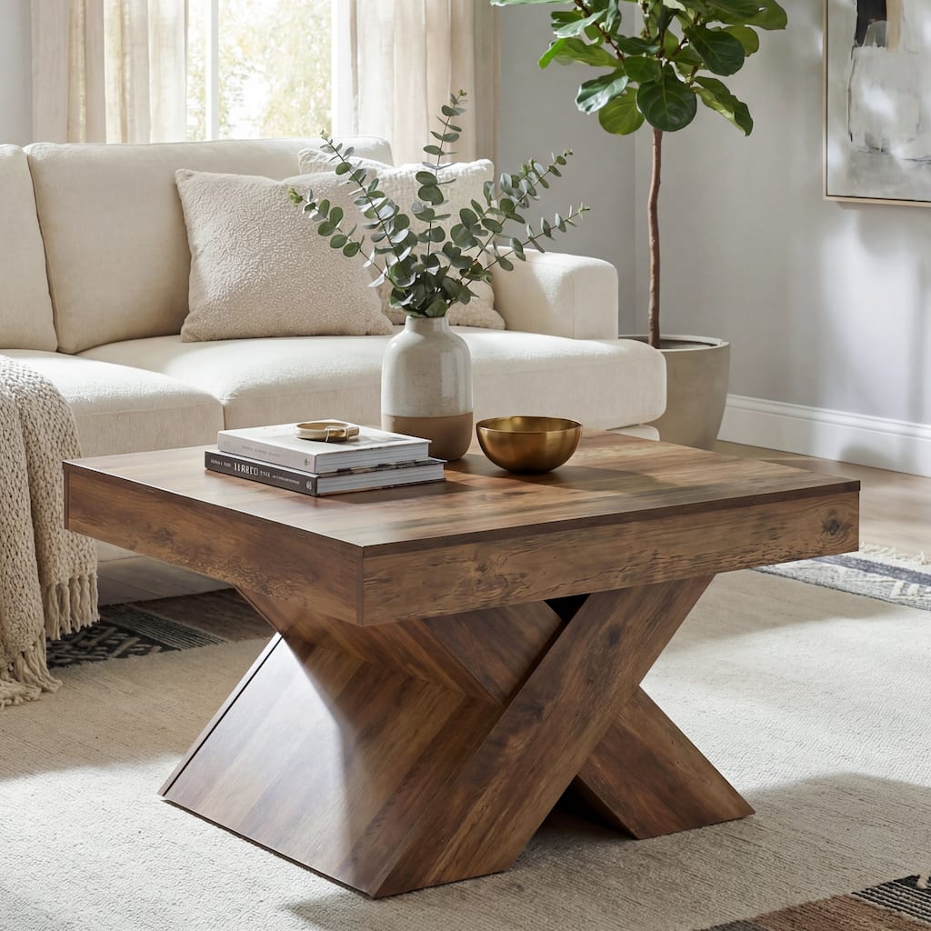 31.49" Square Wood Coffee Table with X-Base for Living Room