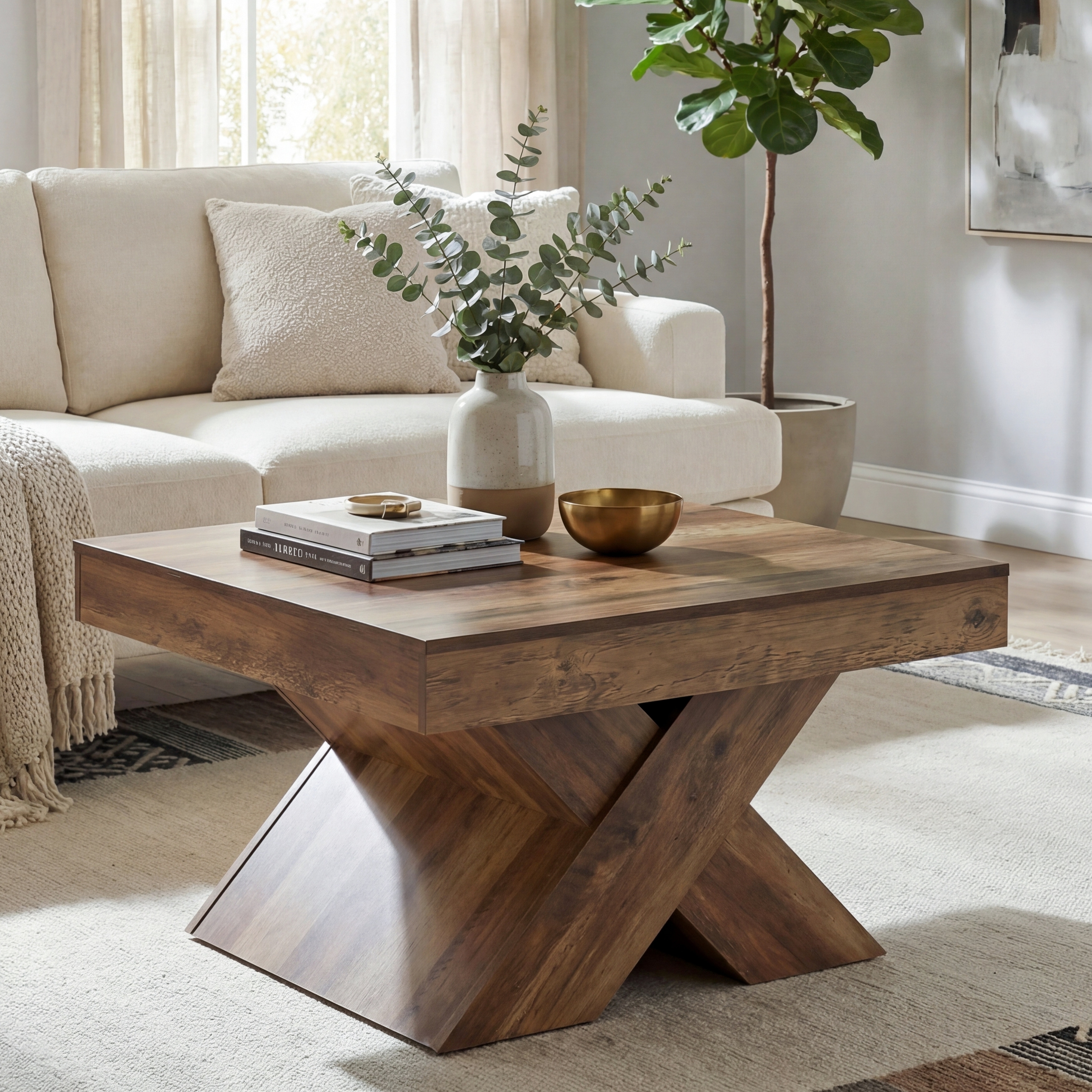 31.49" Square Wood Coffee Table with X-Base for Living Room