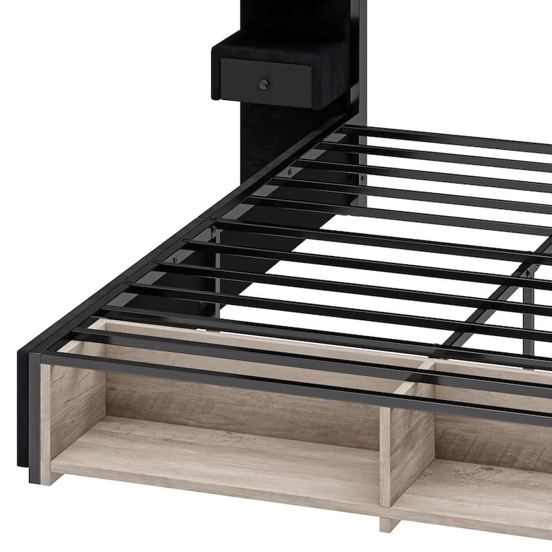 Queen Size Velvet Bed Frame with Upholstered Headboard LED Lighting and Built-in Charging Station for Modern Bedroom Luxury