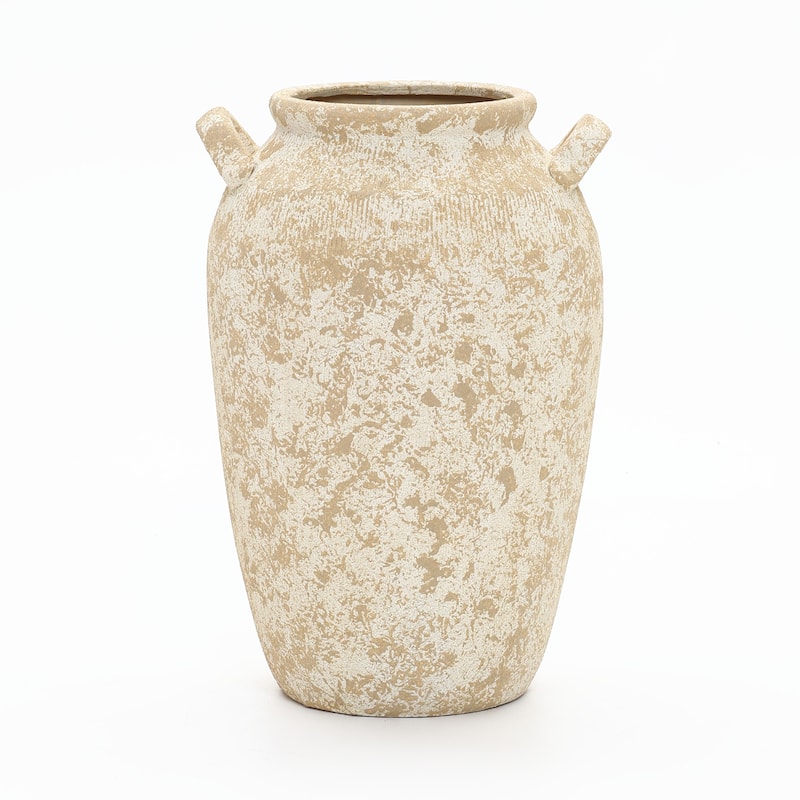 Vintage Pottery Beige & Brown 15.75" Tall Round Ceramic Vase
