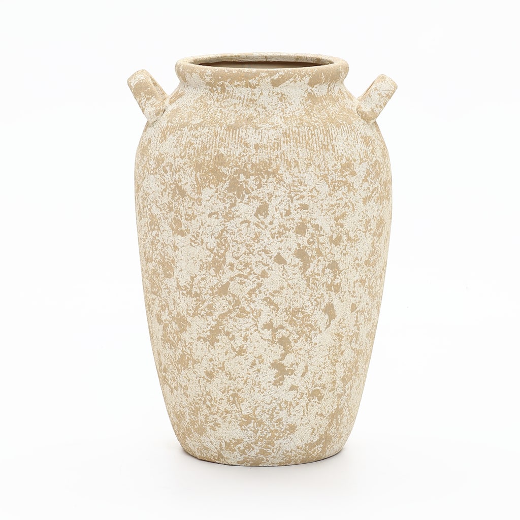 Vintage Pottery Beige & Brown 15.75" Tall Round Ceramic Vase