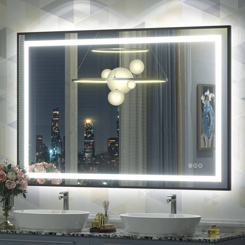 Black Metal Framed LED Front Light and Backlit Anti-Fog Wall Bathroom/ Vanity Mirror - 48" x 32"-Square Corner - Black