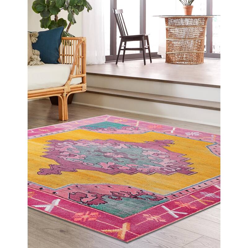 Traditional Rine Collection Area Rug - 7'6" Square - Yellow