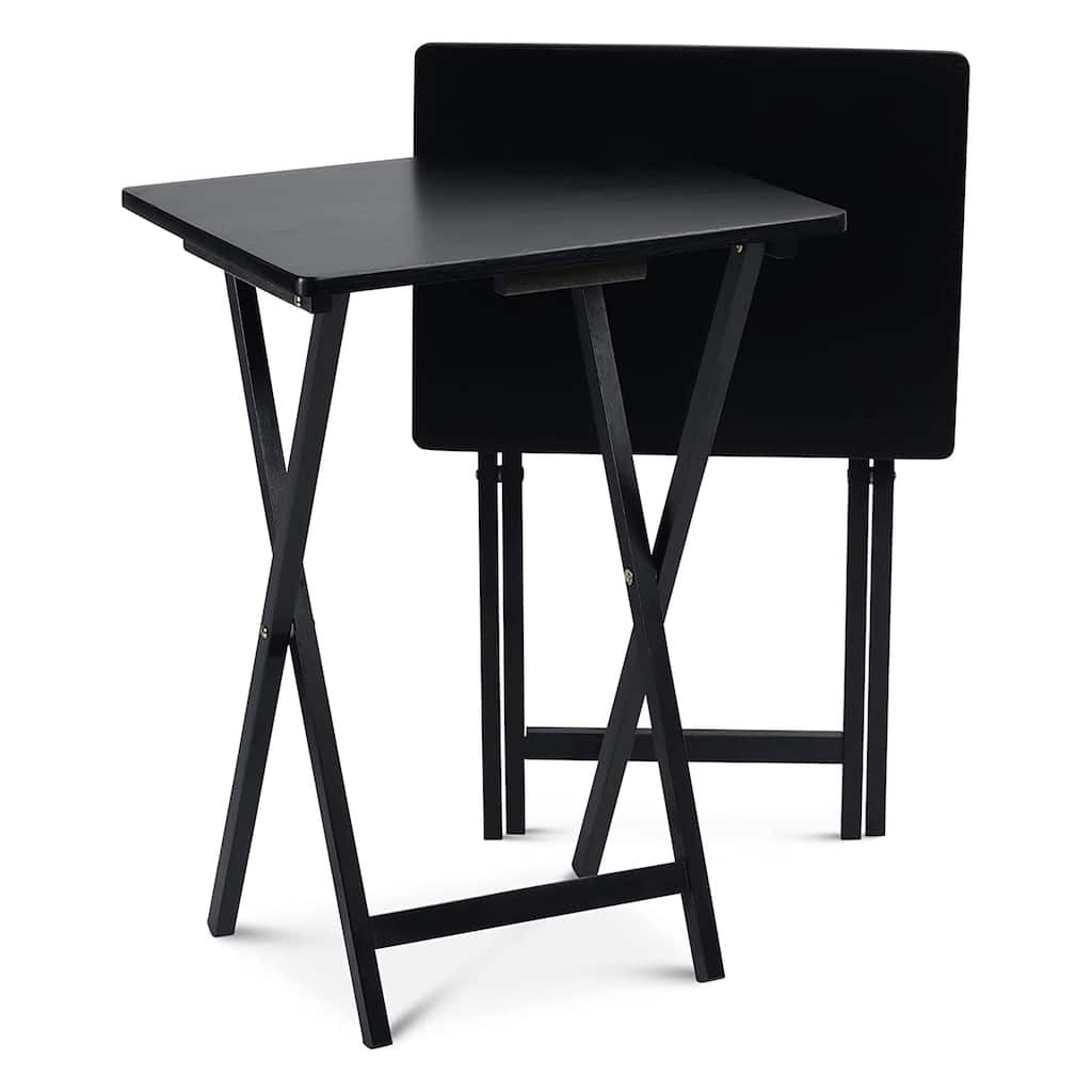 PJ Wood Folding TV Tray Tables with Compact Storage Rack, Black, 2 Piece Set - 18.44