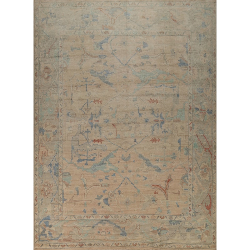 Floral Pink Oushak Turkish Area Rug Hand-Knotted Wool Carpet - 9'7"x 12'0"