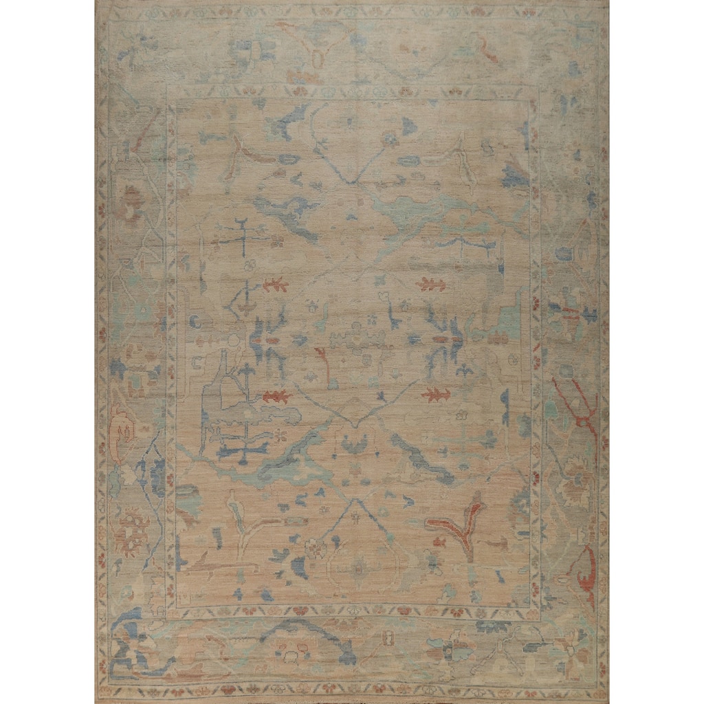 Floral Pink Oushak Turkish Area Rug Hand-Knotted Wool Carpet - 9'7"x 12'0"