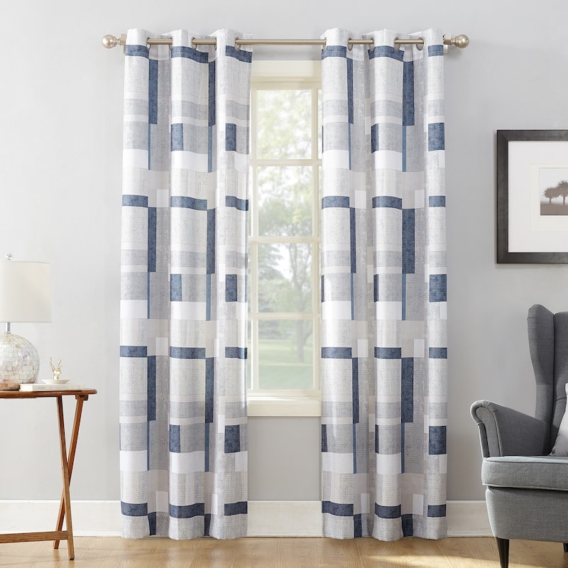 No. 918 Takumi Geometric Blocks Semi Sheer Grommet Curtain Panel, Single Panel - 40 x 84 - Navy