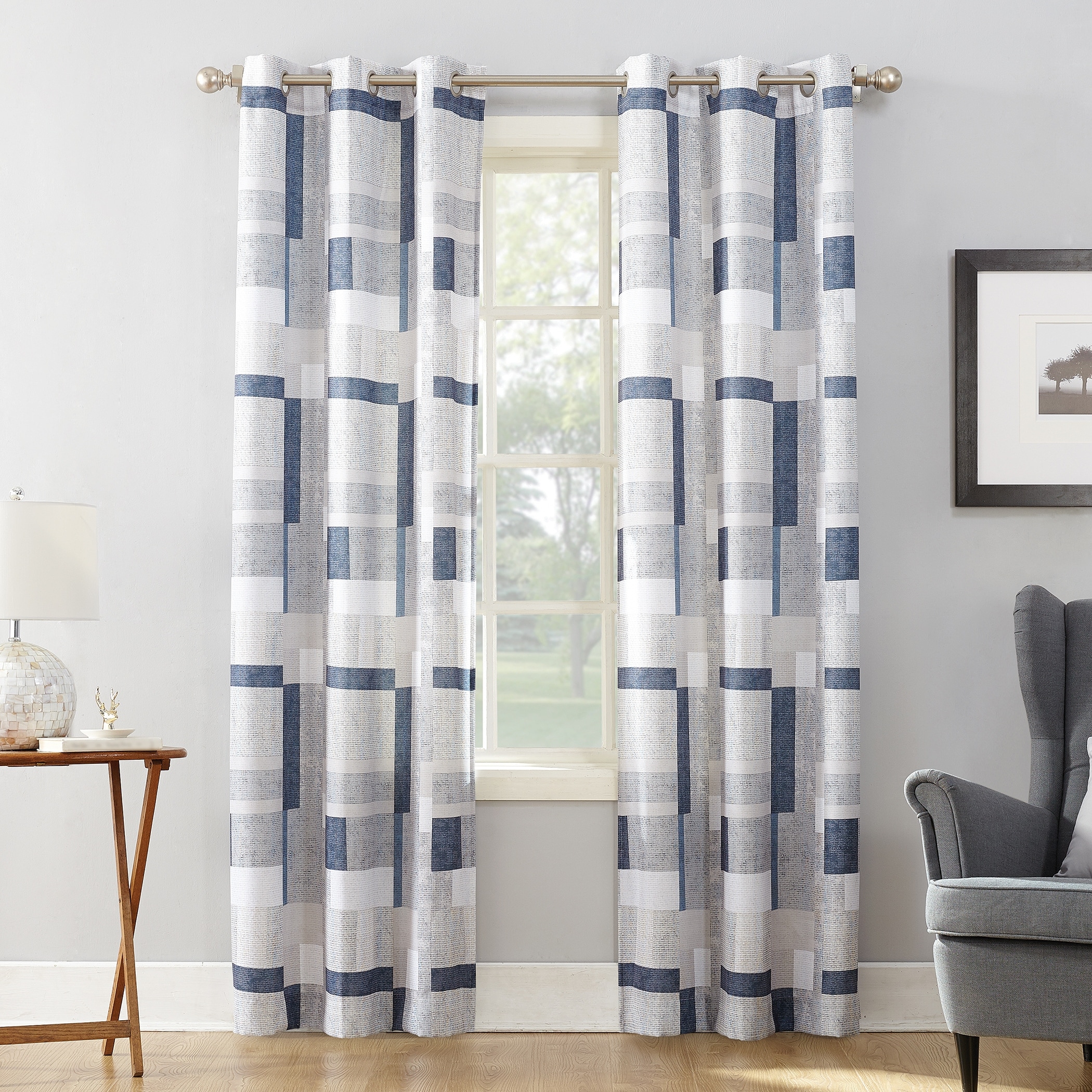 No. 918 Takumi Geometric Blocks Semi Sheer Grommet Curtain Panel, Single Panel