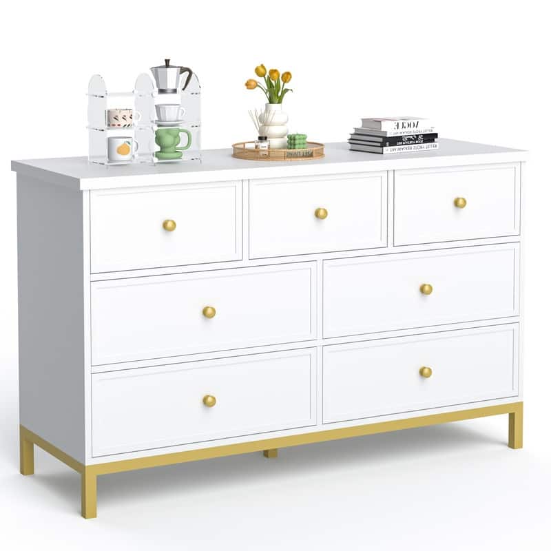 47" White Wooden Dresser With 7 Deep Drawers & Metal Handles