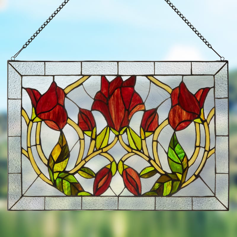 16-in H Red Floral Vines Multicolored Stained Glass Window Panel - 24" x 0.25" x 16"