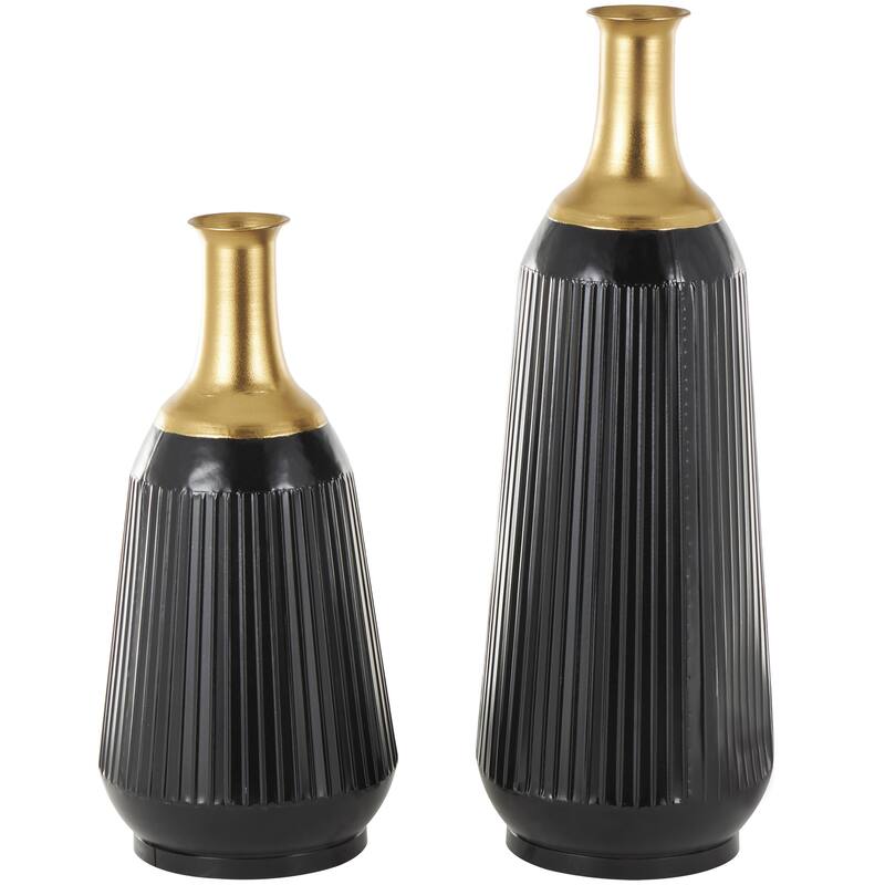 Metal Tall Ribbed Decorative Vase with Gold Tops - Set of 2 Black - Roche River Decor - Black