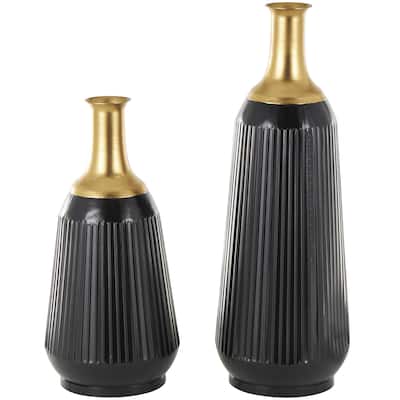 Metal Tall Ribbed Decorative Vase with Gold Tops - Set of 2 Black - Roche River Decor