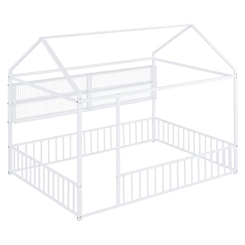 Full Size Metal Bed House Bed Frame with Fence and Shelves, White