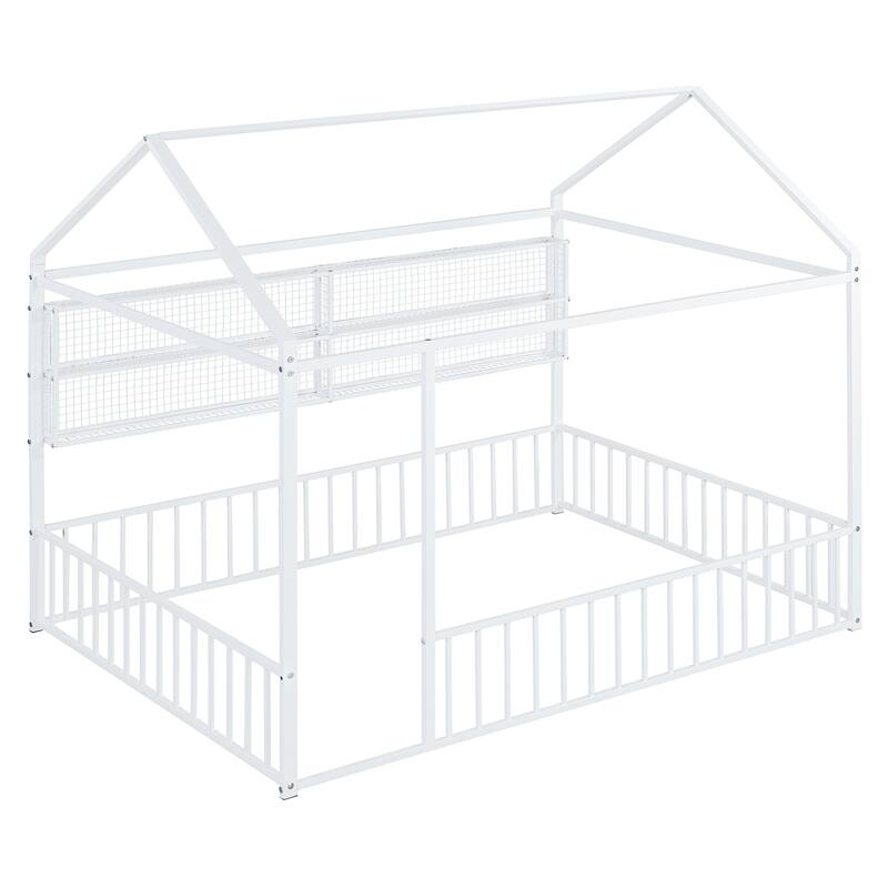 Full Size Metal House Bed Frame with Built-In Grid Shelves, Playful Canopy Design and Space-Saving Storage