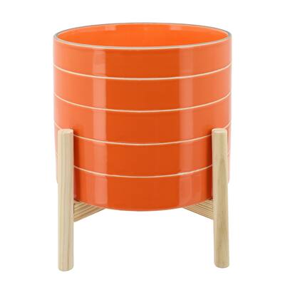 Orange Ceramic Pinstriped Planter with Wood Stand - 10.0" x 10.0" x 8.0"