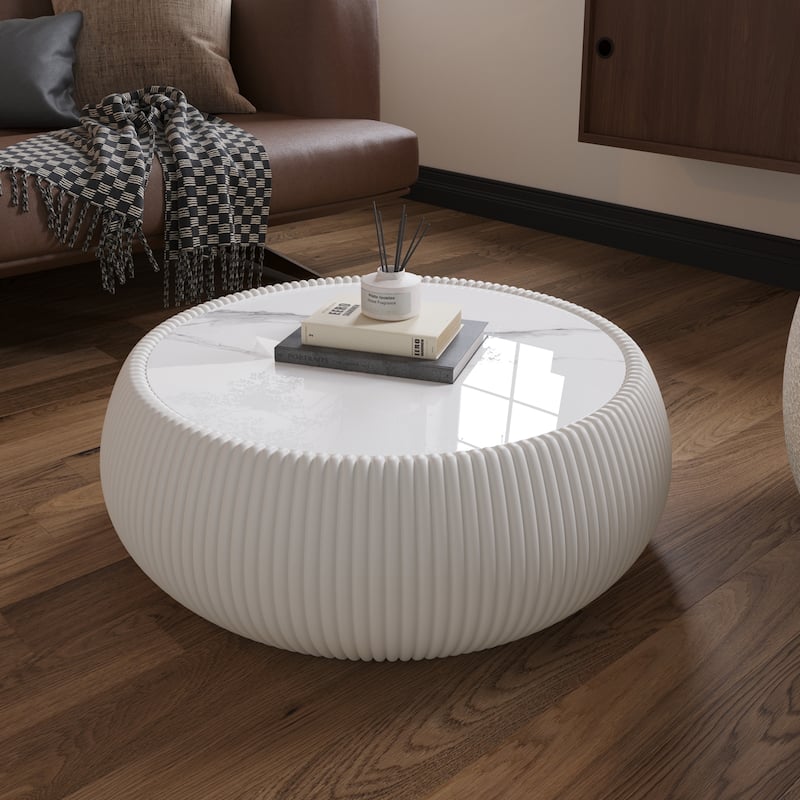GDFStudio - Sintered Stone Top Upholstered Drum Coffee Table with Grey Pattern Round Design