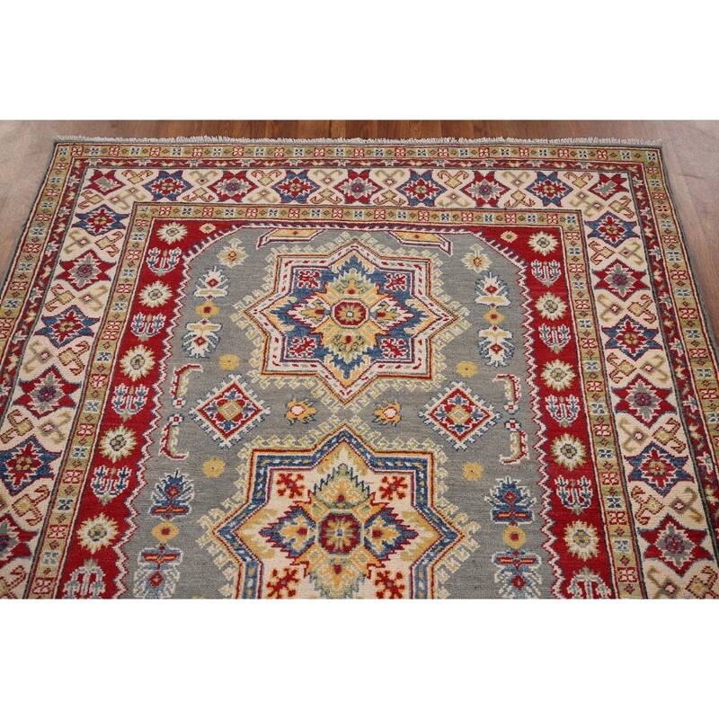 Grey Kazak Oriental Area Rug Handmade Wool Carpet - 4'11" x 6'8"