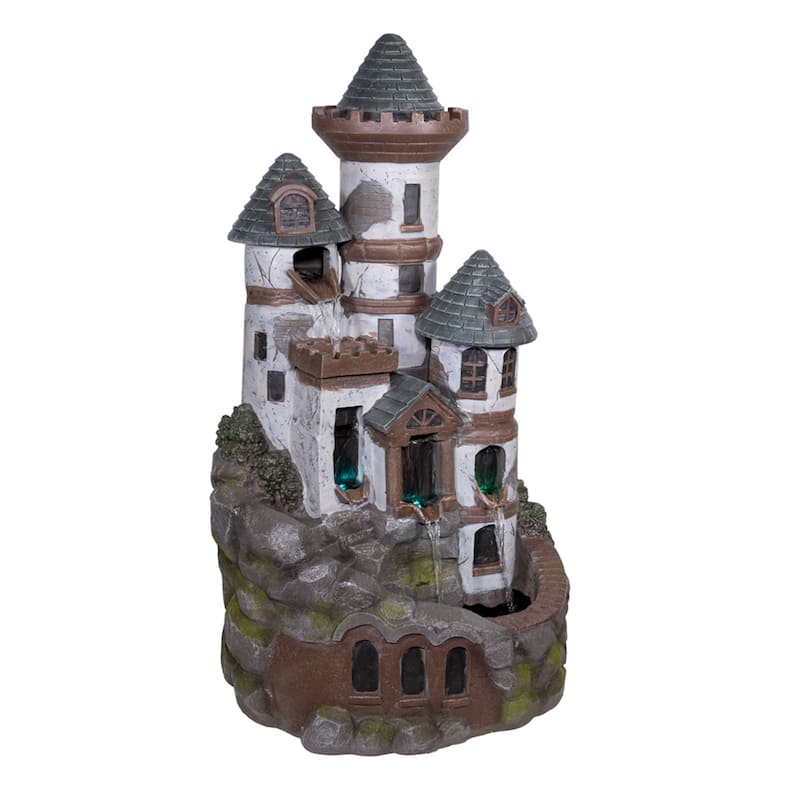 Alpine Corporation USA1368 35" Brown Tower Castle Fountain with Color Changing LED Lights