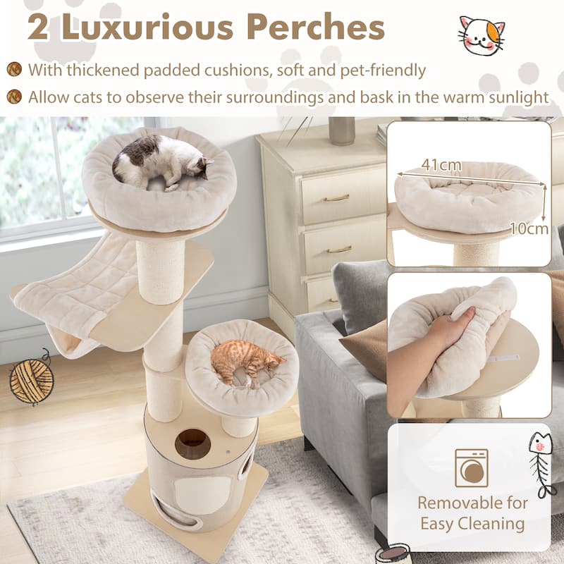 Wooden Cat Tree 74 Inches Tall with 2-Story Condo & Washable Soft Cushions - 23" L x 23" W x 74" H