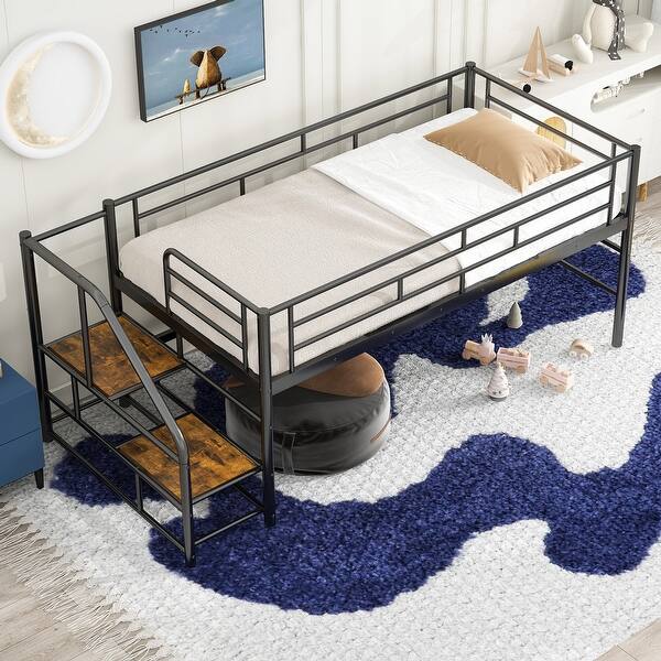 slide 2 of 17, Twin Size Loft Bed with Play and Storage Spaces Underneath, Metal Bed Frame with Storage stairs and Guardrail for Bedroom Black - Twin
