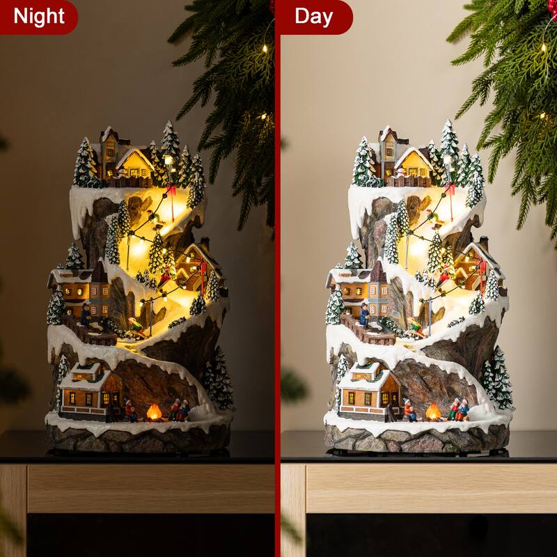 Glitzhome 15.50"H Lighted Christmas Skiing Moutain Resin Village with Movement and Music