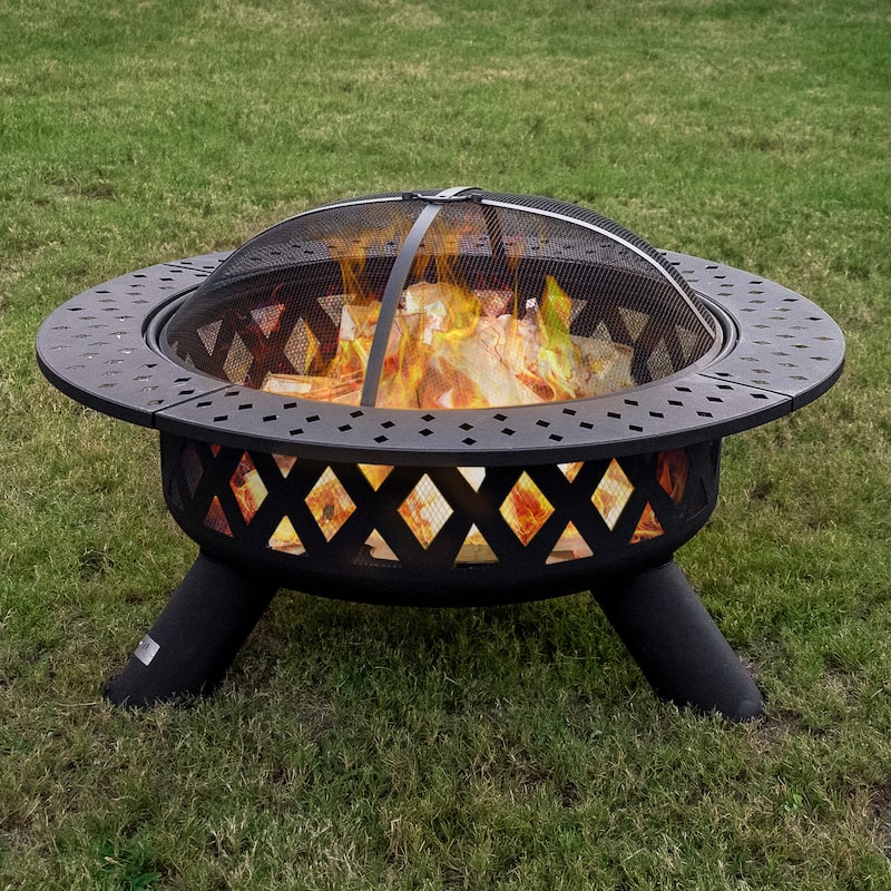 Black Cross Weave Large Round Steel Wood Burning Fire Pit with Spark Screen