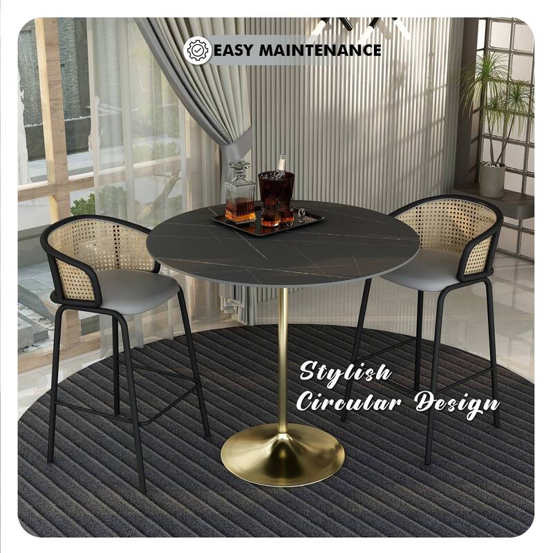 LeisureMod Verve 48" Round Bar Dining Table with Sintered Stone TableTop and Brushed Gold Base for Kitchen & Dining Room