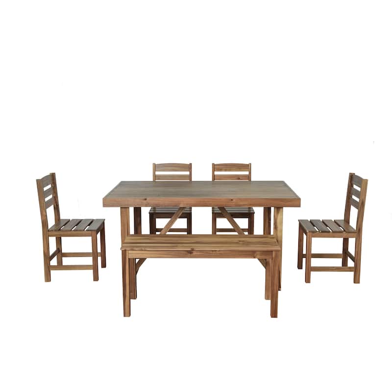 Roomfitters 6-Piece Acacia Wood Outdoor Dining Set with Bench and 4 Chairs, Rectangular Table for Patio and Backyard