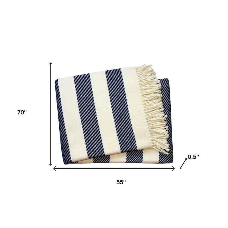 HomeRoots 55" X 70" Blue And Cream Striped Cotton Plush Throw Blanket