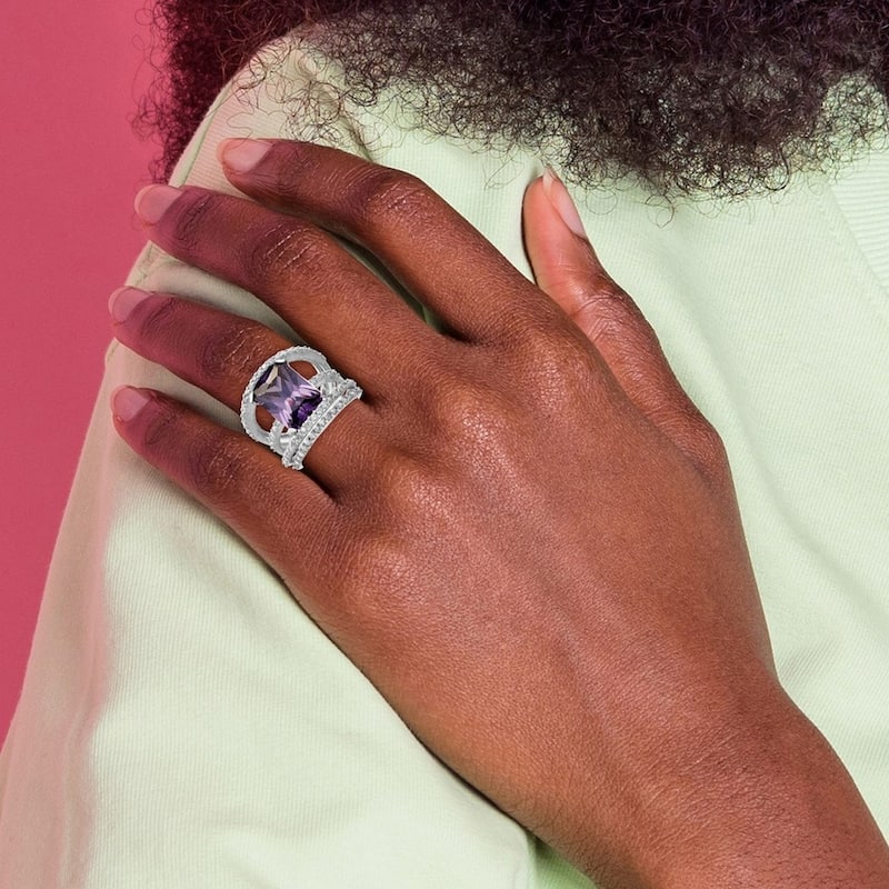 Curata 925 Sterling Silver Polished Open back Purple and Clear CZ Cubic Zirconia Simulated Diamond Ring