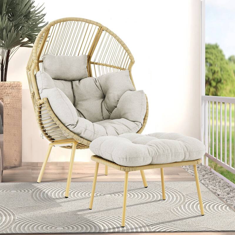 Outdoor Wicker Egg Chair with Ottoman Set - Beige - Yellow