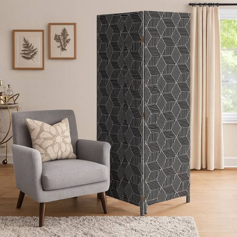 71 Inch 3 Panel Fabric Room Divider with Geometric Print, Black