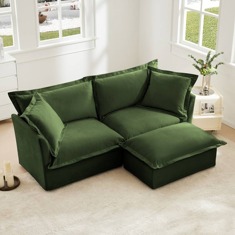 Slipcovered Chenille 2-Seater Sofa Couch with Convertible Ottoman & Soft Big Pillows - Green